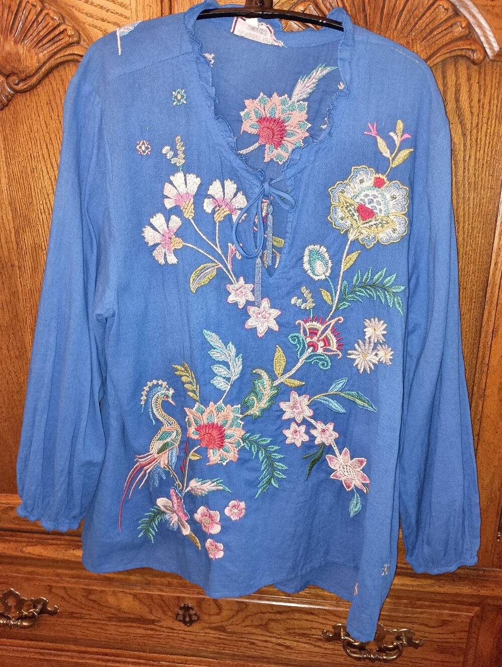 Size L Johnny Was Lapis Blue embroidered Malaya Cotton Field Blouse Peasant Top - Picture 2 of 9